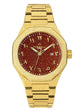 Tomell London gold watch for men and women featuring a unique frosted finish case and a shimmering red stardust dial.