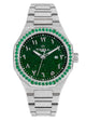 Tomell London silver frosted finish watch featuring a shimmering green stardust dial and a sparkling green diamond-set bezel.