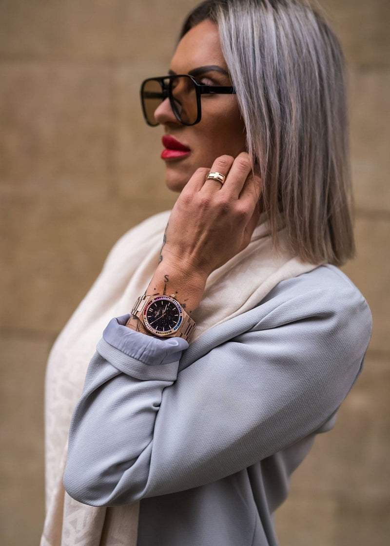 Rose gold frosted watch with stardust blue dial and frosted finished 