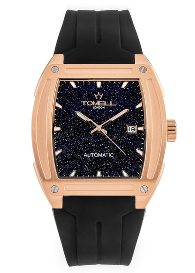 Watch with black strap and rose gold case 