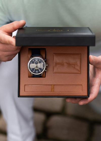 silver watch blue strap