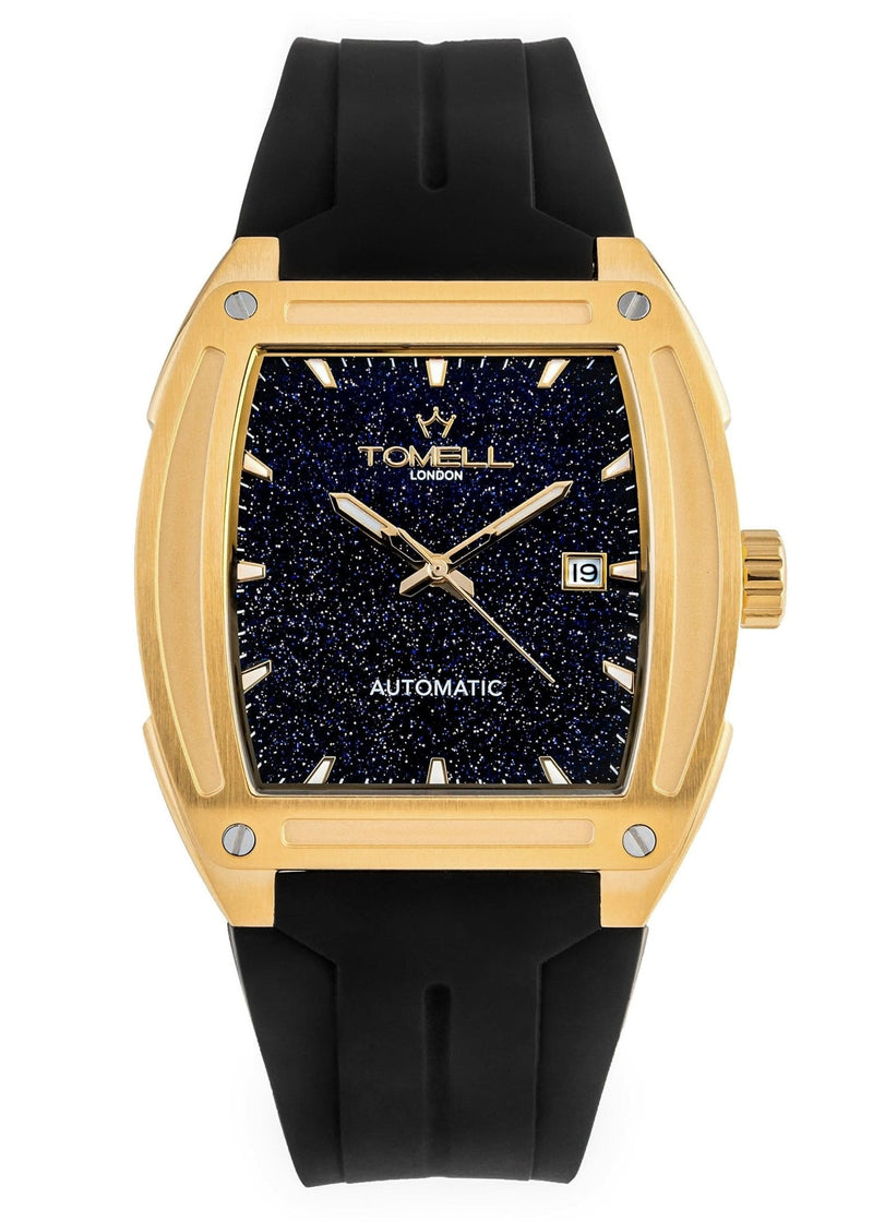 Tomell watch with black strap and gold case