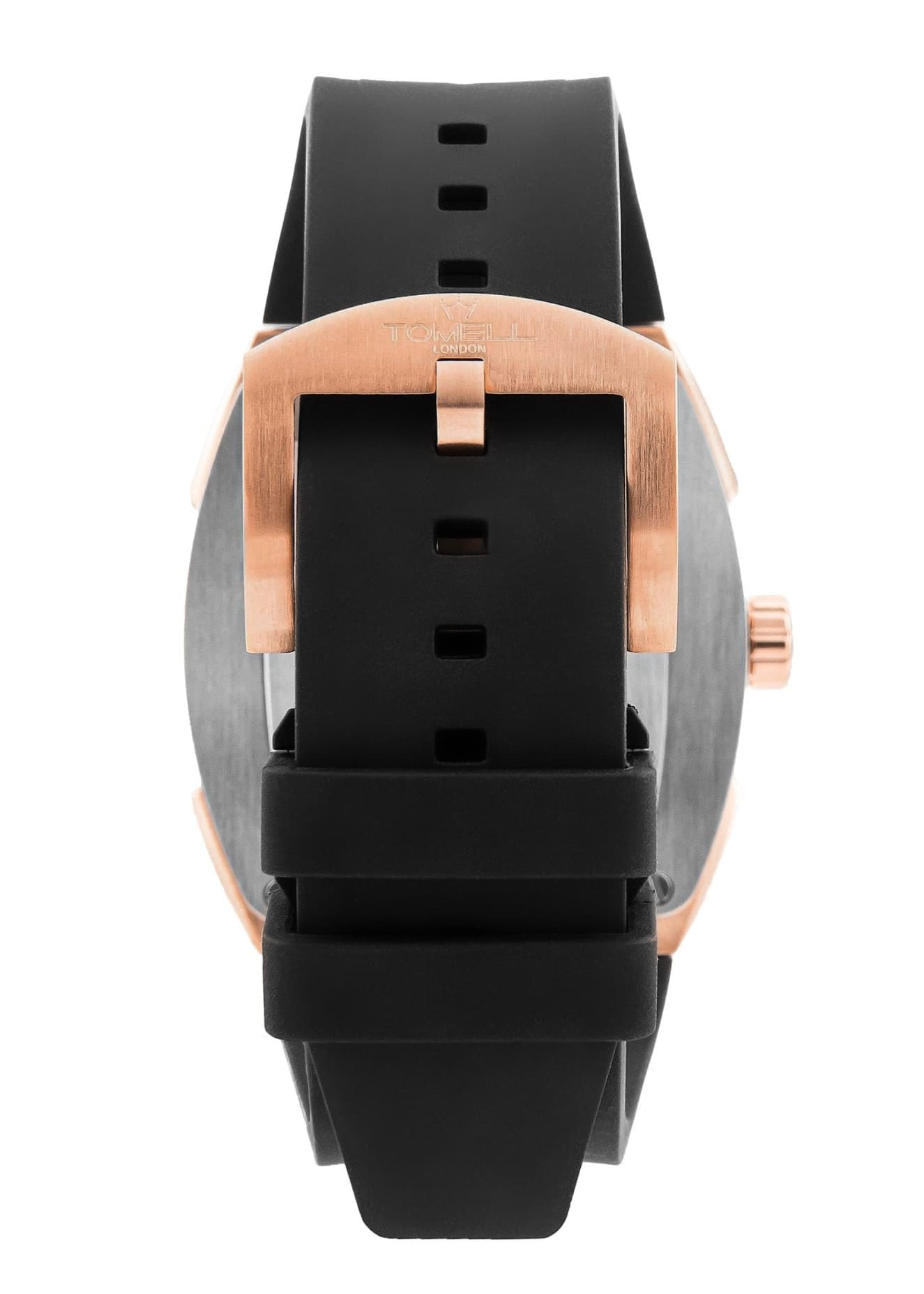 Watch back view with black strap and rose gold accents gents square watch