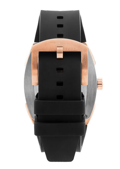 Watch back view with black strap and rose gold accents