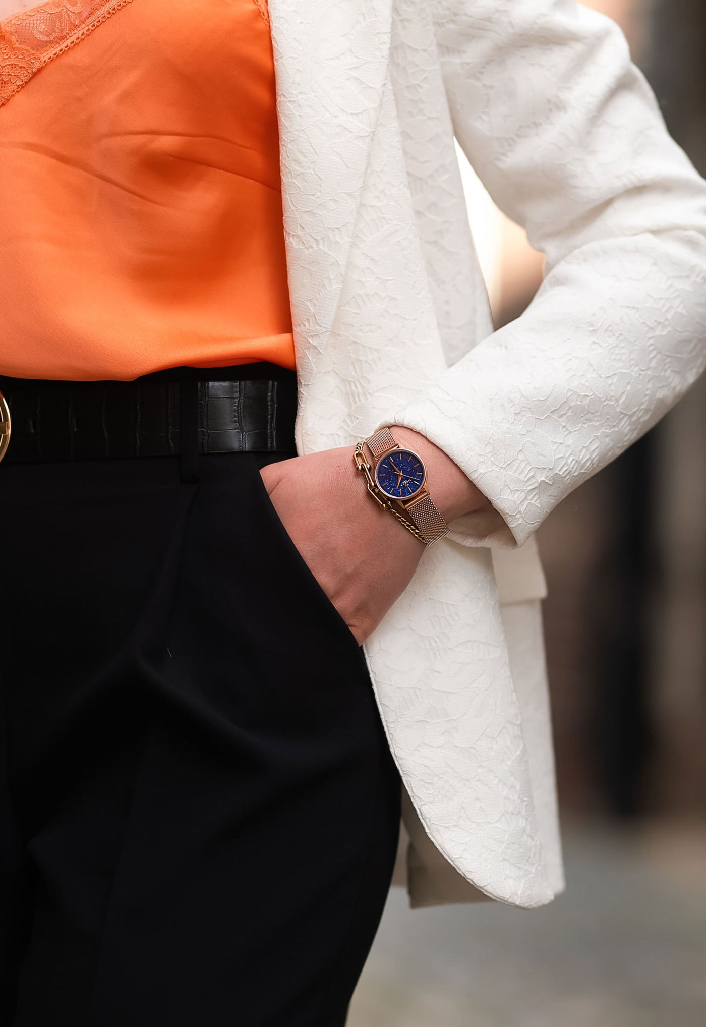 Rose gold women watch with blue face 