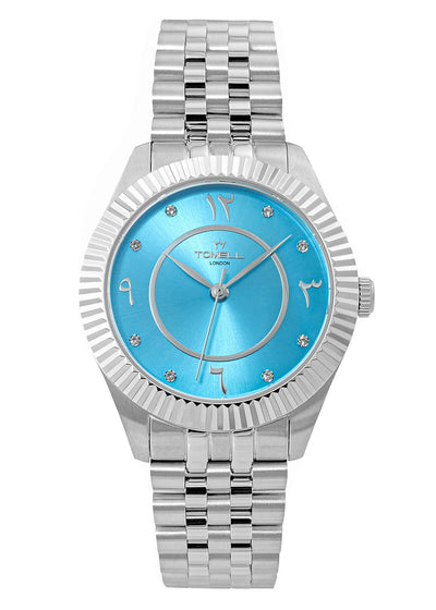 Polished silver women's watch featuring a rich, sunray ocean-blue dial.