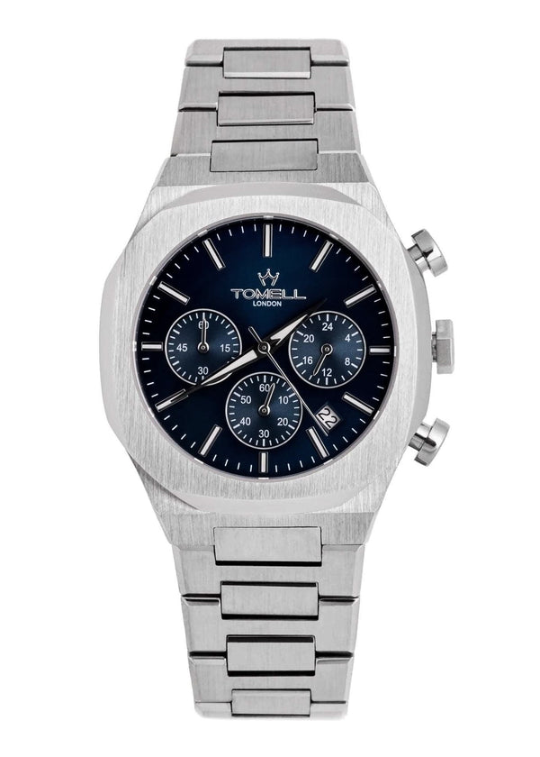 Silver watch with a blue face from Motorsport collection Tomell London Brand 