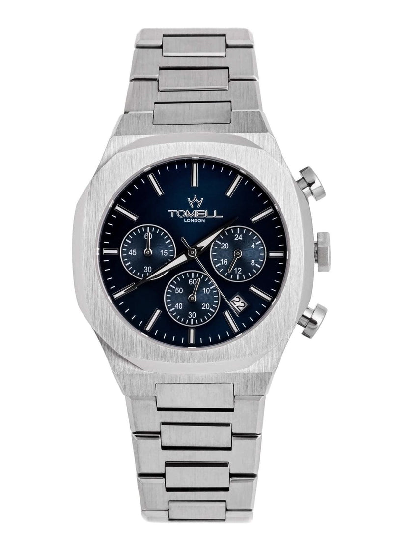 Silver watch with a blue face from Motorsport collection Tomell London Brand 