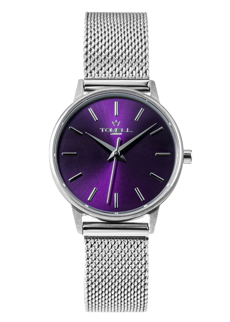 women watch silver colour with purple dial and mesh strap