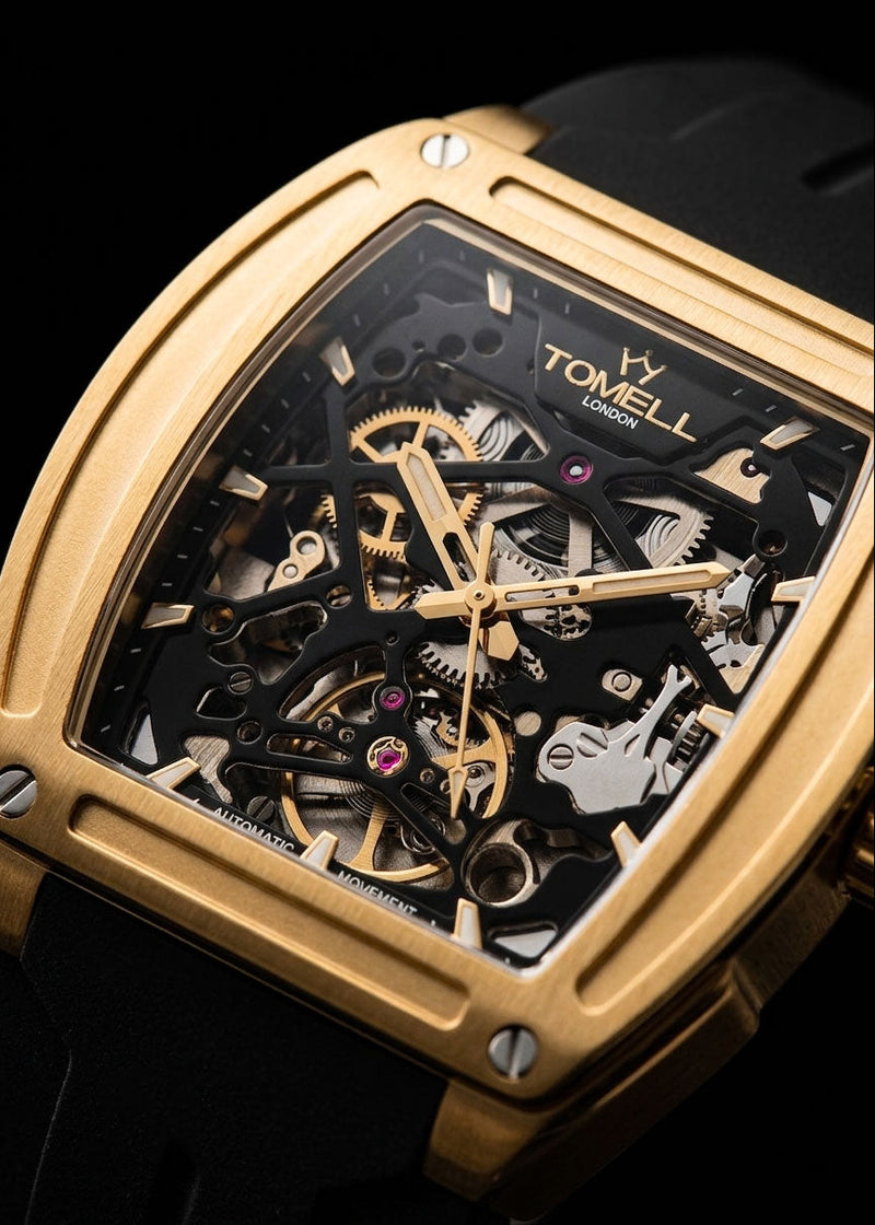 365 Gold Skeleton automatic watch skeleton dial close-up square gold UK – Tomell London