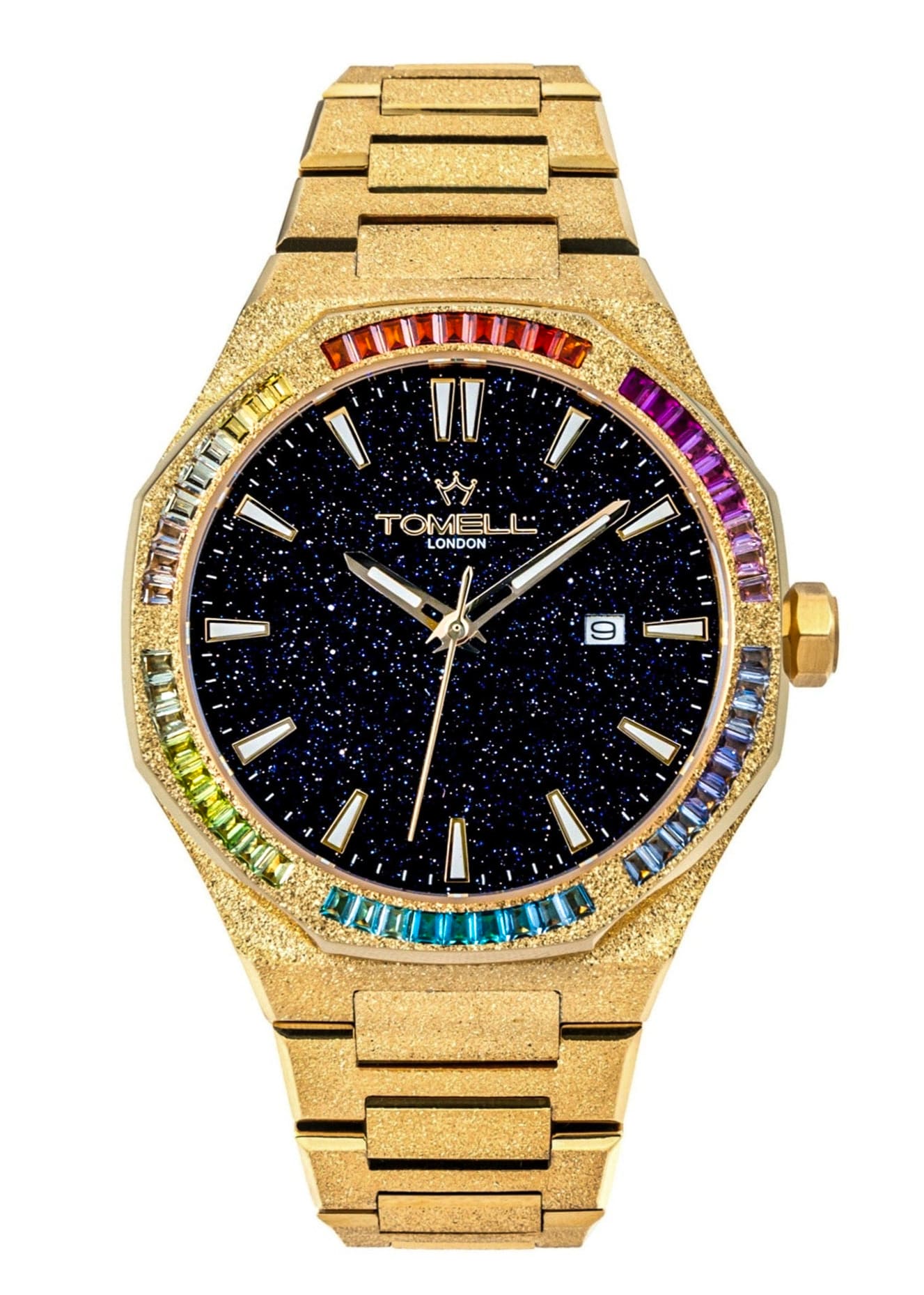 Gold watch with a blue face and colorful gemstones frosted fished 