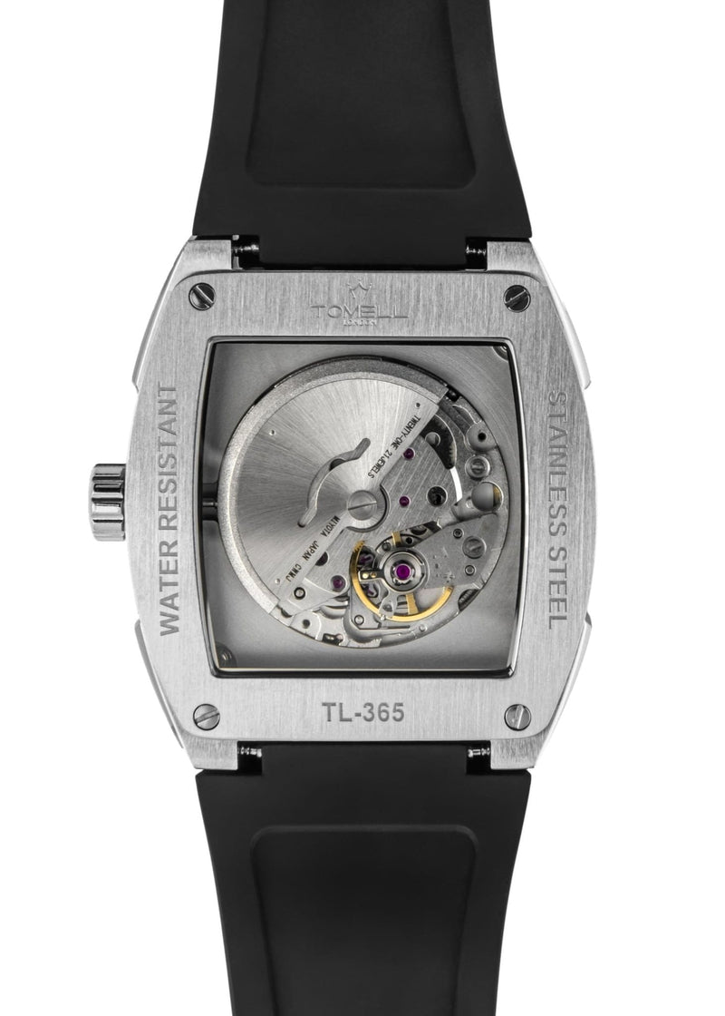 Watch with black strap and metallic case 