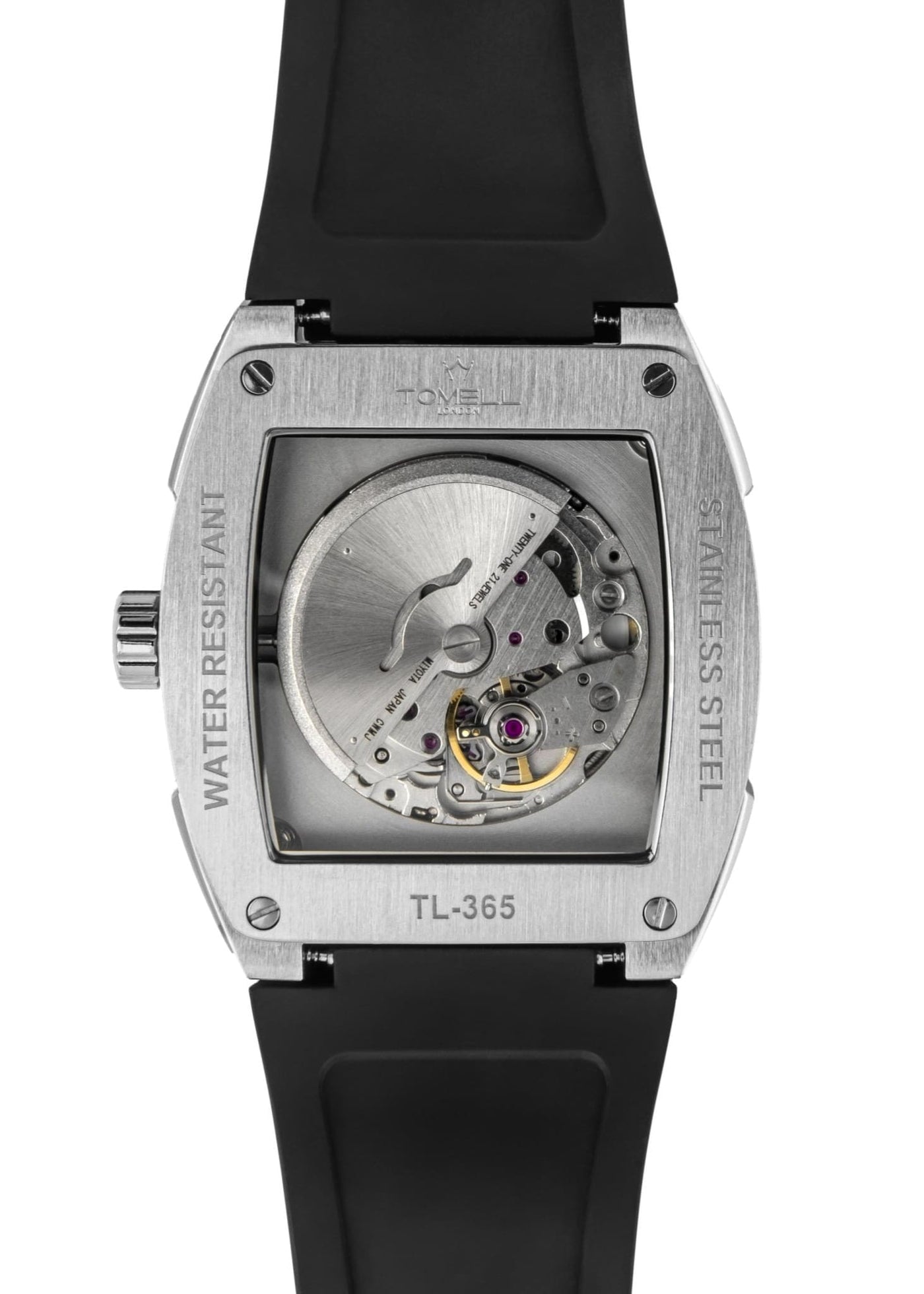 Watch with black strap and metallic case 