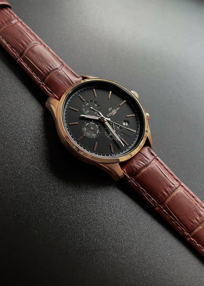 Affordable gold Swiss watch for men with an Italian leather strap. Shop the TOKYO model for £165.