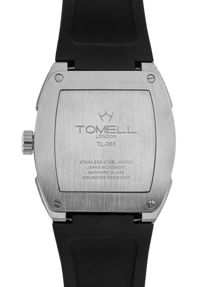 Back view of a Tomell London watch with metallic case and black strap 