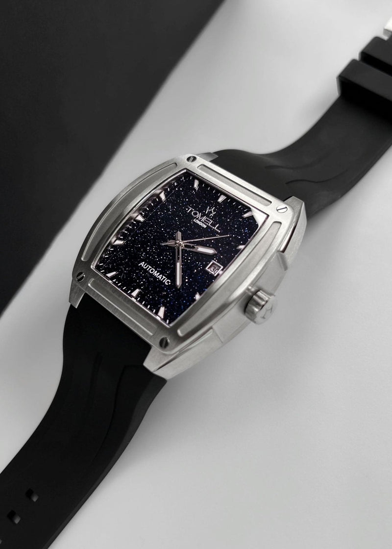 Watch with black strap in silver colour and blue dial 