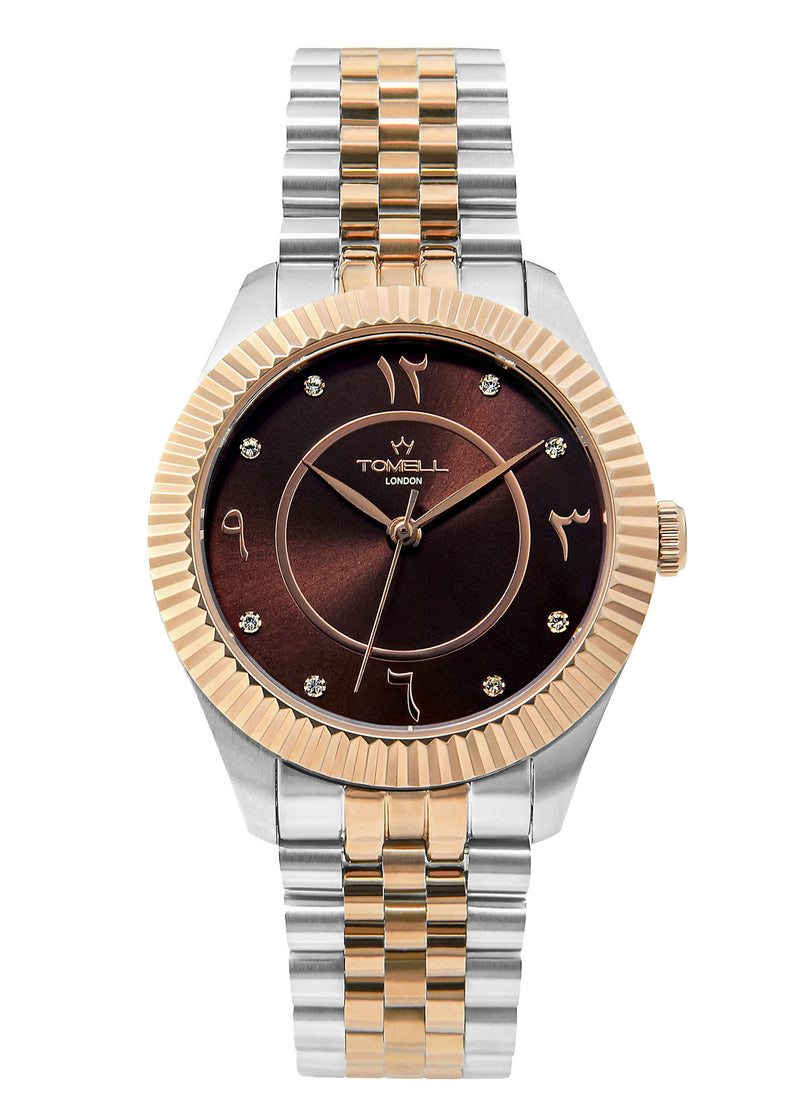 Elegant two-tone silver and rose gold women's watch with a deep chocolate brown dial.