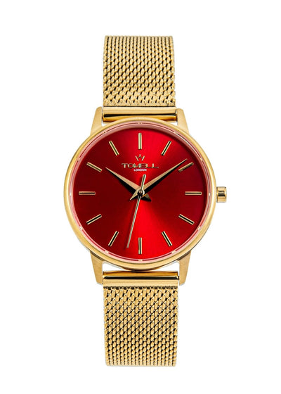 Gold watch with a red face 