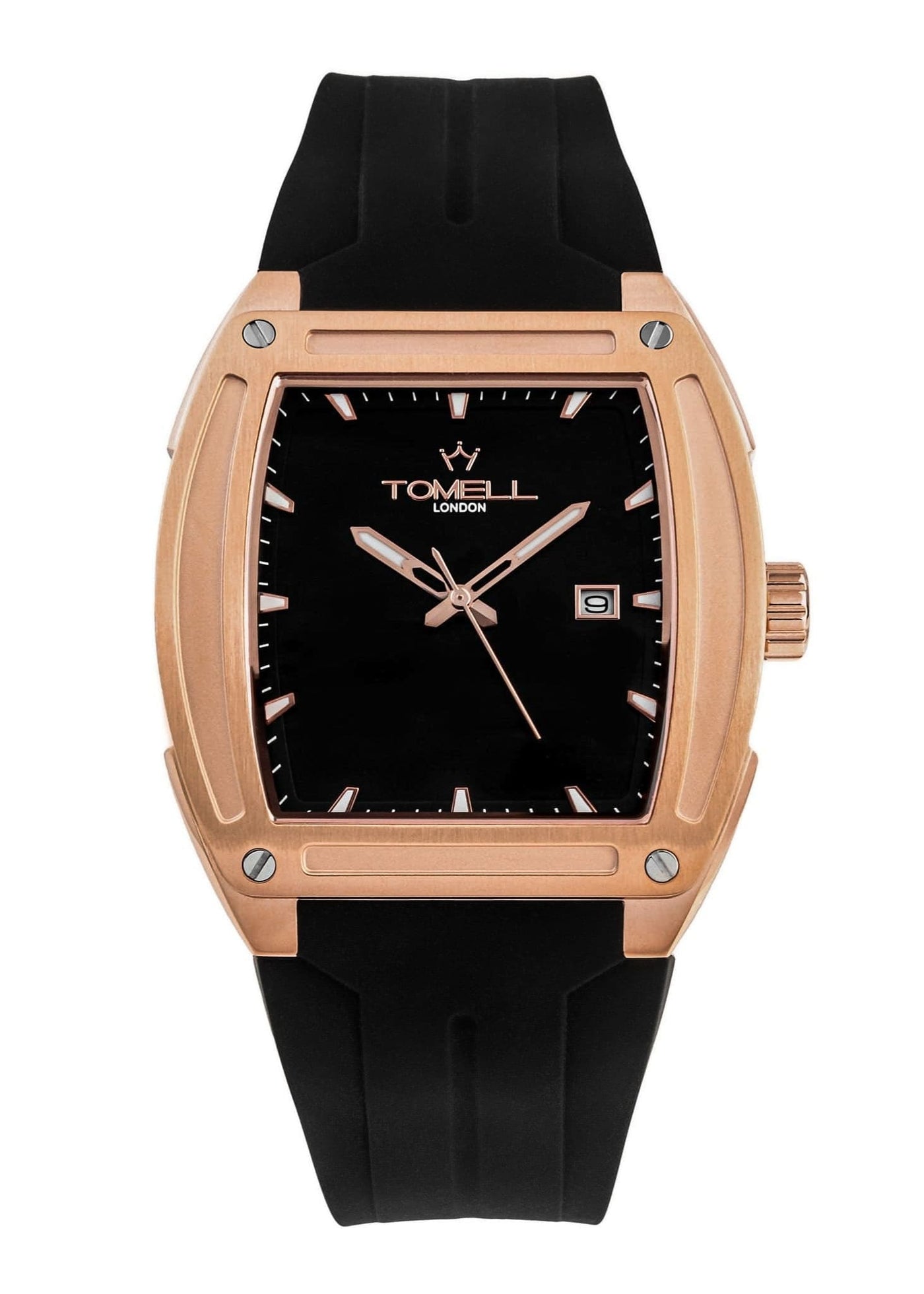 Watch with black face and rose gold case
