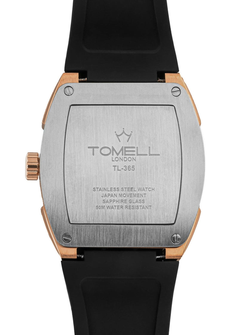 Back view of a Tomell London watch with metallic case and black strap