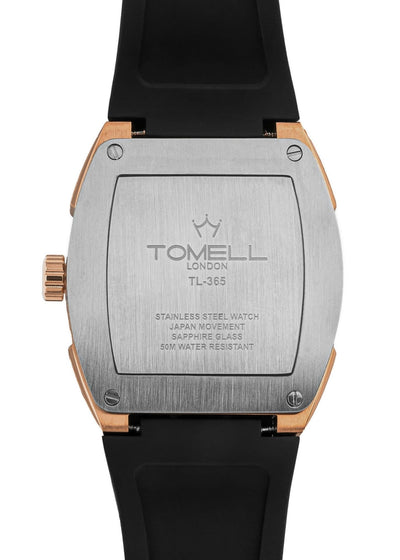 Back view of a Tomell London watch with metallic case and black strap