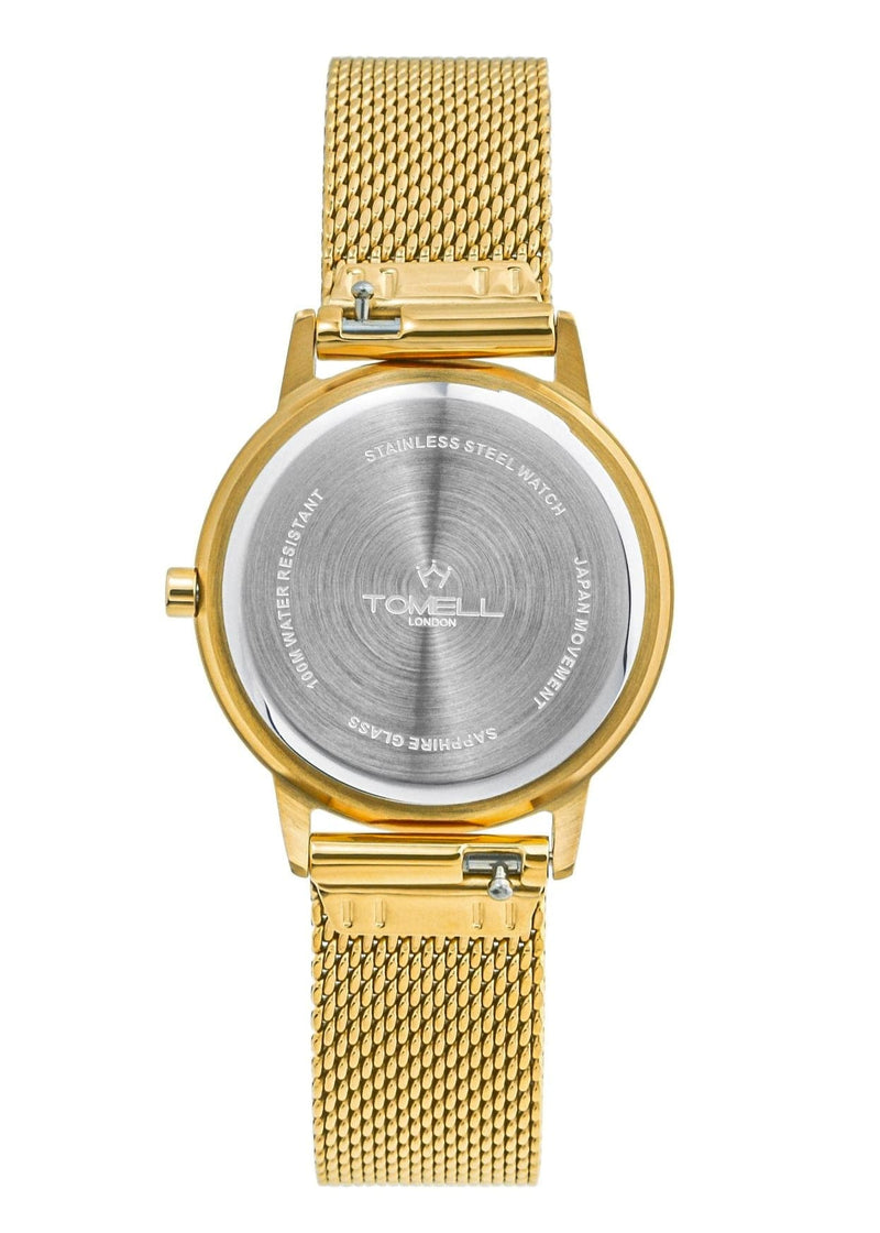 Gold watch with mesh band on a white background
