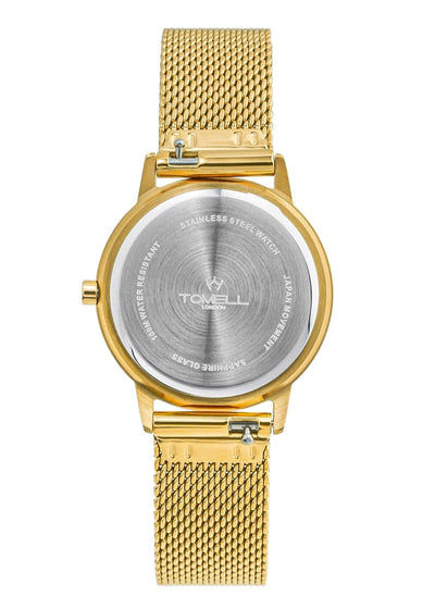Gold watch with mesh band on a white background